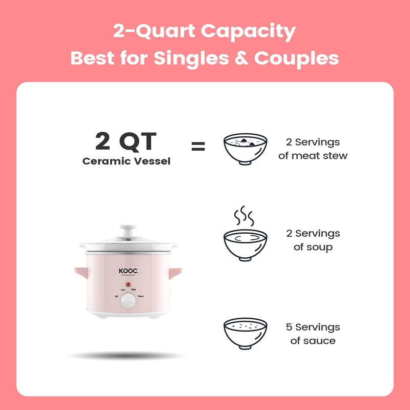 KOOC Small Slow Cooker, 2-Quart, Free Liners Included for Easy Clean-up, Upgraded Ceramic pot, Adjustable Temp, Nutrient Loss Reduction, Stainless Steel, Pink, Round - Image 3